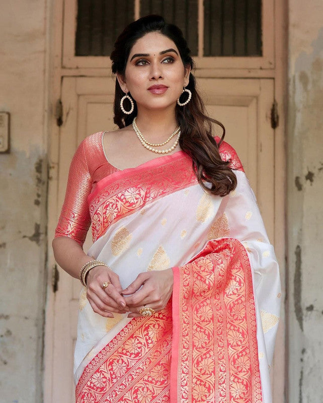 NOZ2TOZ Women Banarasi Silk Woven Saree With Blouse Piece - white - Distacart
