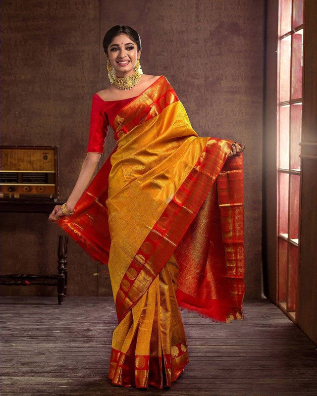 NOZ2TOZ Women Banarasi Silk Woven Saree With Blouse Piece - Mustard - Distacart