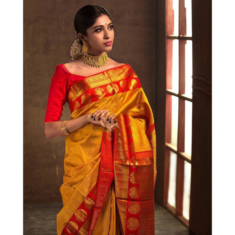 NOZ2TOZ Women Banarasi Silk Woven Saree With Blouse Piece - Mustard - Distacart