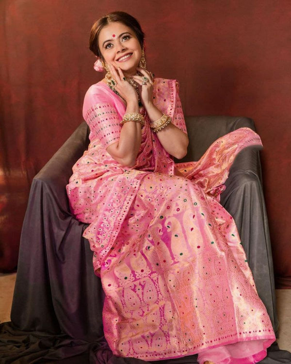 Malishka Banarasi Silk Woven Saree With Blouse Piece - Pink