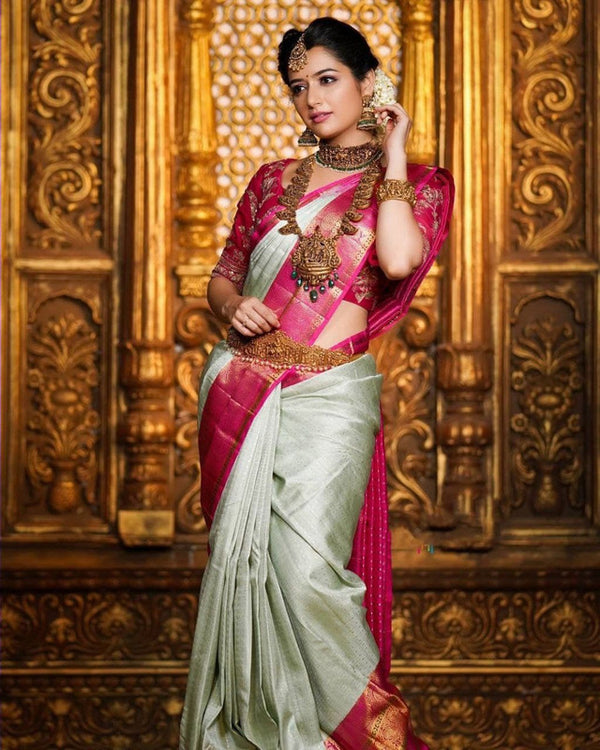 Malishka Banarasi Silk Woven Saree With Blouse Piece - Pink