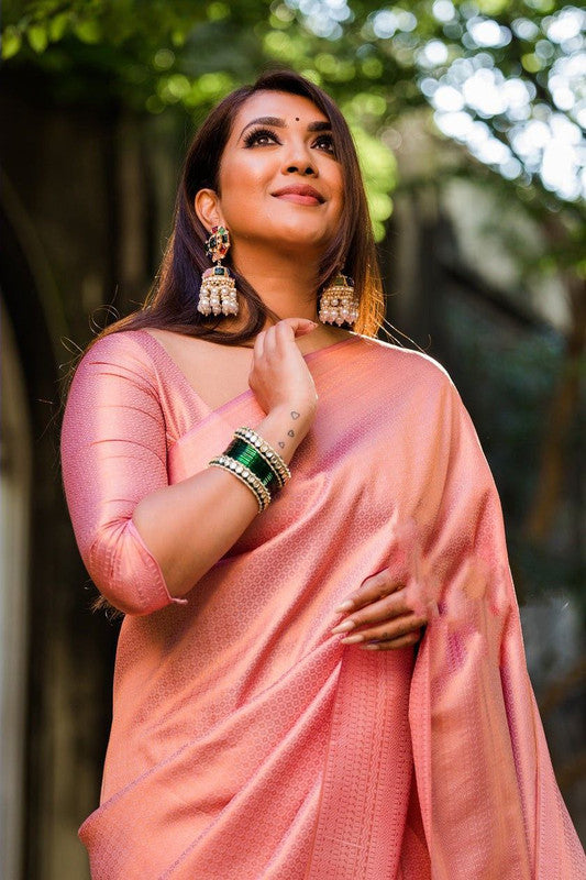 Malishka Banarasi Silk Woven Saree With Blouse Piece - Light Pink - Distacart