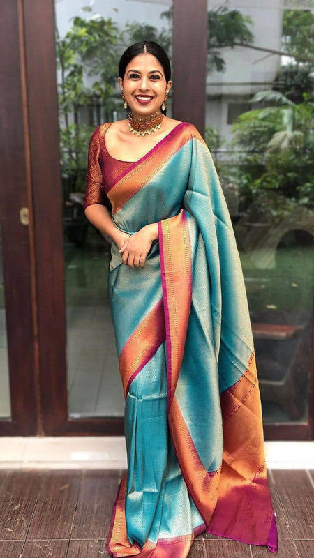 NOZ2TOZ Women Banarasi Silk Woven Saree With Blouse Piece - Sky Blue - Distacart