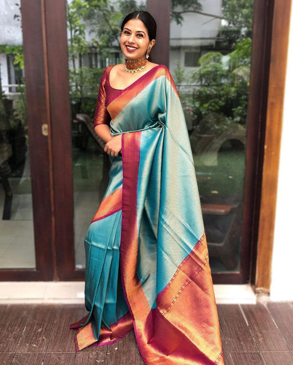 NOZ2TOZ Women Banarasi Silk Woven Saree With Blouse Piece - Sky Blue - Distacart