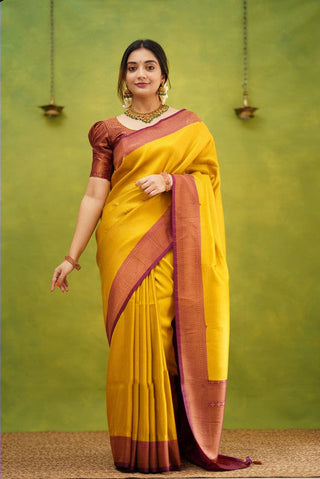 NOZ2TOZ Women Banarasi Silk Woven Saree With Blouse Piece - Yellow - Distacart