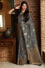 Thumbnail for NOZ2TOZ Women Banarasi Silk Woven Saree With Blouse Piece - Grey - Distacart