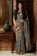 Thumbnail for NOZ2TOZ Women Banarasi Silk Woven Saree With Blouse Piece - Grey - Distacart