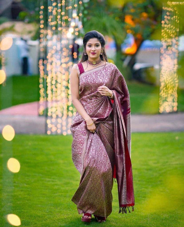 NOZ2TOZ Women Banarasi Silk Woven Saree With Blouse Piece - Wine - Distacart
