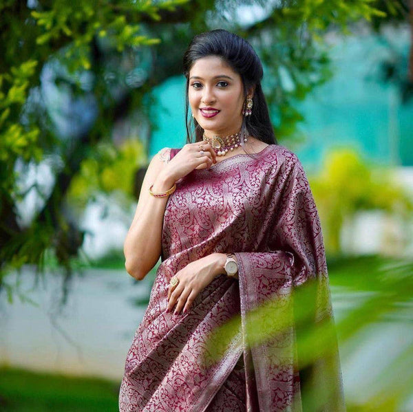 NOZ2TOZ Women Banarasi Silk Woven Saree With Blouse Piece - Wine - Distacart