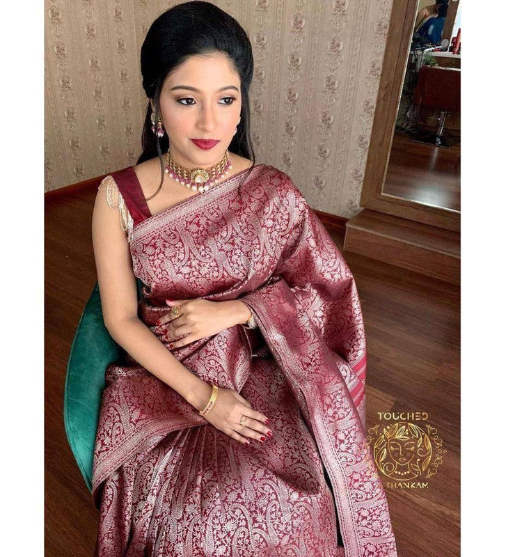 NOZ2TOZ Women Banarasi Silk Woven Saree With Blouse Piece - Wine - Distacart