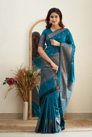 Malishka Banarasi Silk Woven Saree With Blouse Piece - Firozi - Distacart