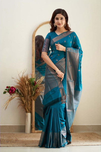 NOZ2TOZ Women Banarasi Silk Woven Saree With Blouse Piece - Firozi - Distacart