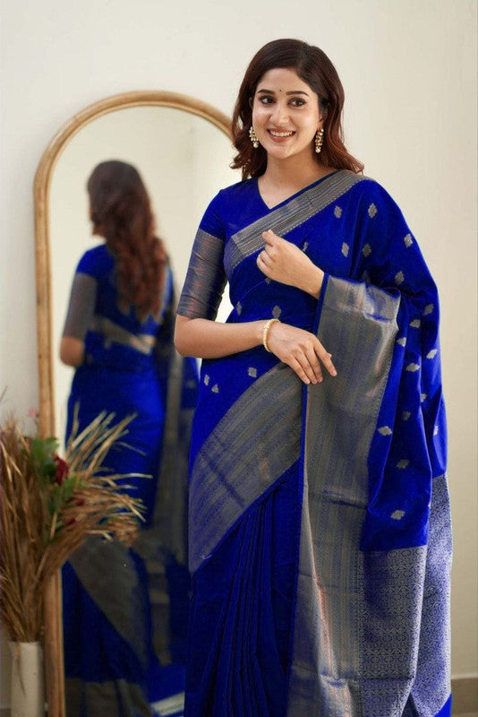 Malishka Banarasi Silk Woven Saree With Blouse Piece - Royal Blue - Distacart