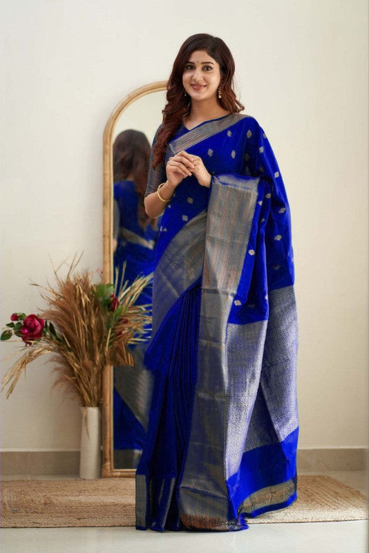 Malishka Banarasi Silk Woven Saree With Blouse Piece - Royal Blue - Distacart