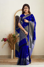 Thumbnail for Malishka Banarasi Silk Woven Saree With Blouse Piece - Royal Blue - Distacart