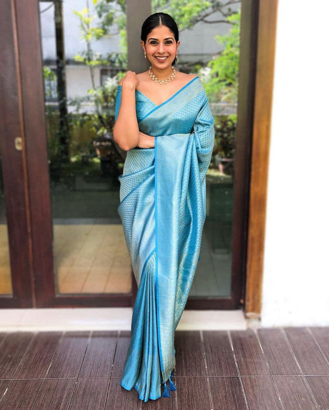 NOZ2TOZ Women Banarasi Silk Woven Saree With Blouse Piece - Sky Blue - Distacart