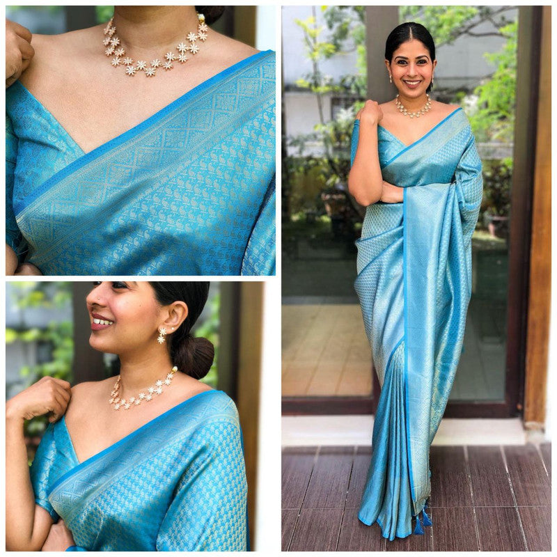 NOZ2TOZ Women Banarasi Silk Woven Saree With Blouse Piece - Sky Blue - Distacart
