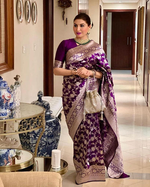 NOZ2TOZ Women Banarasi Silk Woven Saree With Blouse Piece - Purple - Distacart