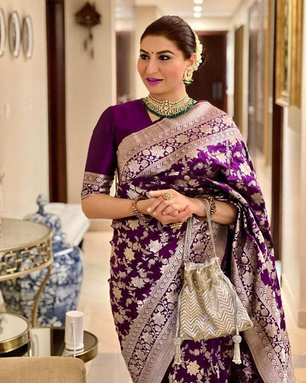 NOZ2TOZ Women Banarasi Silk Woven Saree With Blouse Piece - Purple - Distacart