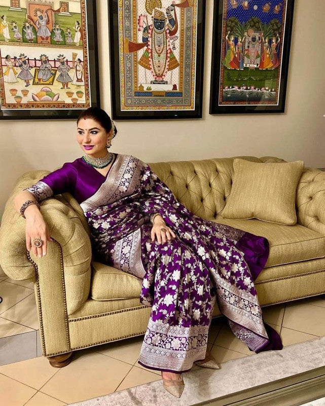 NOZ2TOZ Women Banarasi Silk Woven Saree With Blouse Piece - Purple - Distacart
