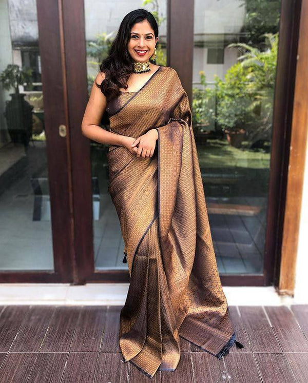 Malishka Banarasi Silk Woven Saree With Blouse Piece - Brown - Distacart