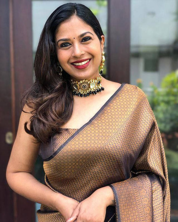 Malishka Banarasi Silk Woven Saree With Blouse Piece - Brown - Distacart