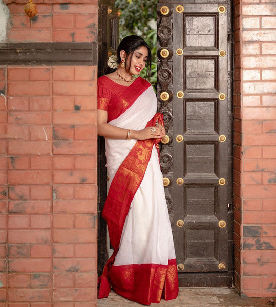 NOZ2TOZ Women Banarasi Silk Woven Saree With Blouse Piece - white - Distacart
