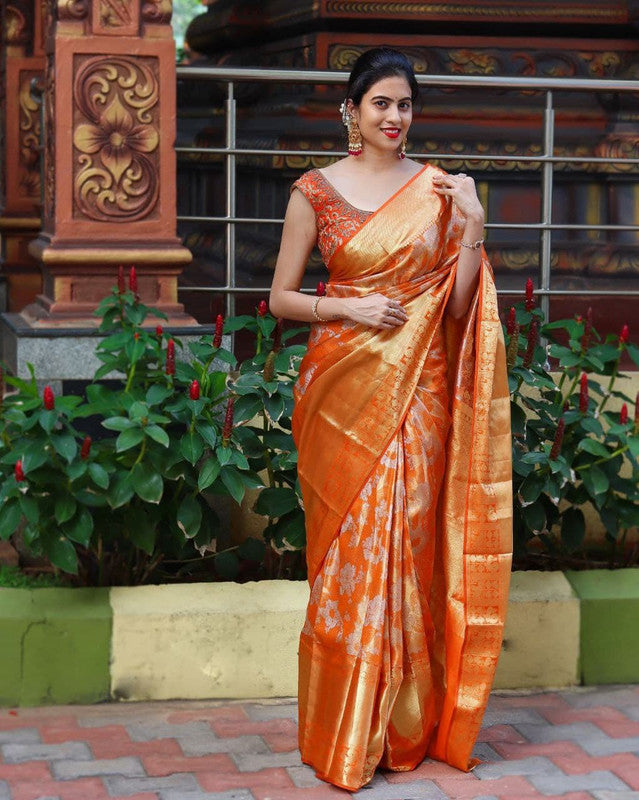 NOZ2TOZ Women Banarasi Silk Woven Saree With Blouse Piece - Orange - Distacart