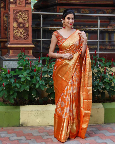 NOZ2TOZ Women Banarasi Silk Woven Saree With Blouse Piece - Orange - Distacart