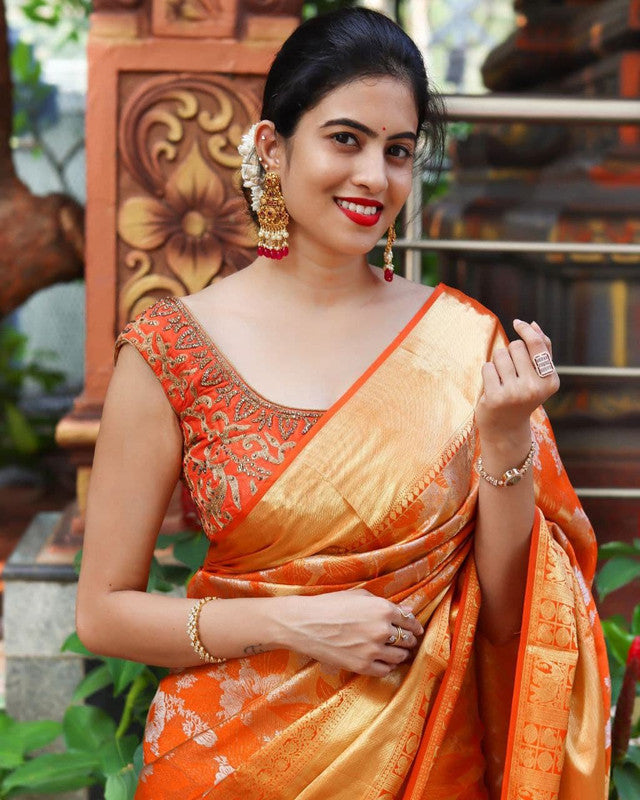 NOZ2TOZ Women Banarasi Silk Woven Saree With Blouse Piece - Orange - Distacart