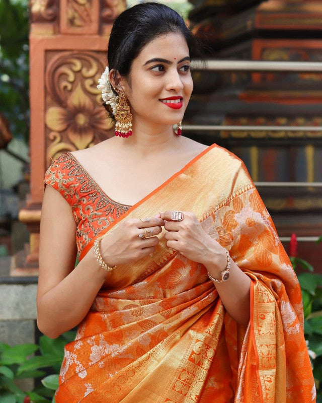 NOZ2TOZ Women Banarasi Silk Woven Saree With Blouse Piece - Orange - Distacart