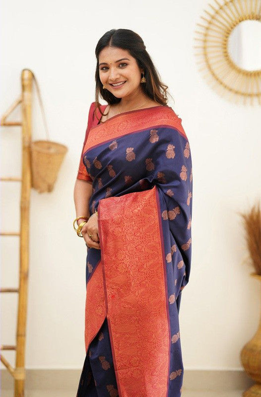 NOZ2TOZ Women Banarasi Silk Woven Saree With Blouse Piece - Navy Blue - Distacart