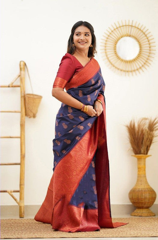 NOZ2TOZ Women Banarasi Silk Woven Saree With Blouse Piece - Navy Blue - Distacart