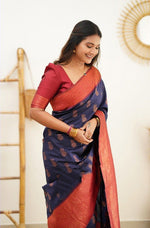 Thumbnail for NOZ2TOZ Women Banarasi Silk Woven Saree With Blouse Piece - Navy Blue - Distacart