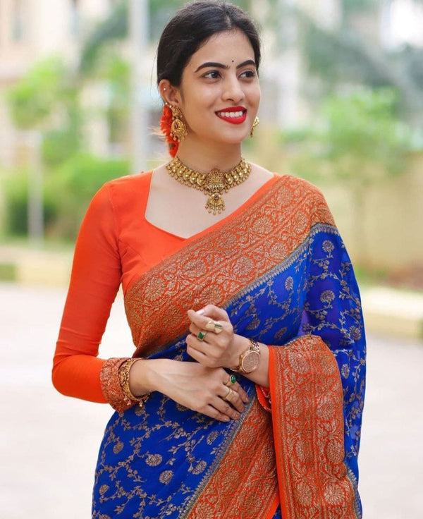 Malishka Banarasi Silk Woven Saree With Blouse Piece - Blue - Distacart