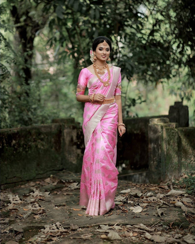 NOZ2TOZ Women Banarasi Silk Woven Saree With Blouse Piece - Pink - Distacart