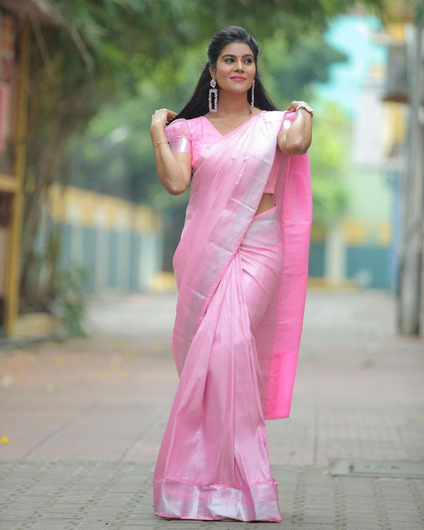 Malishka Banarasi Silk Woven Saree With Blouse Piece - Pink - Distacart