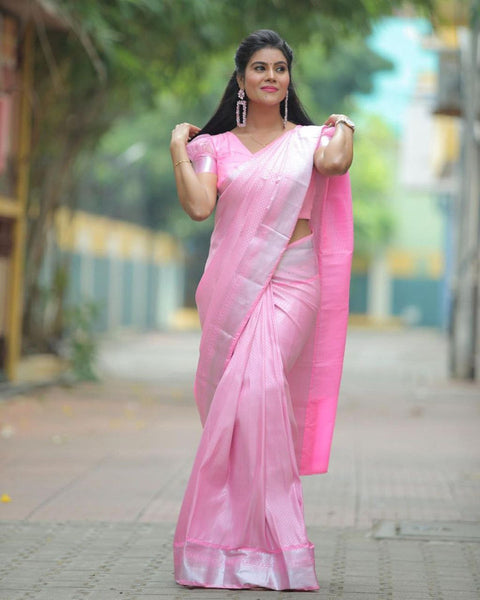 Malishka Banarasi Silk Woven Saree With Blouse Piece - Pink - Distacart