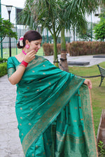 Thumbnail for NOZ2TOZ Women Banarasi Silk Woven Saree With Blouse Piece - Teal - Distacart