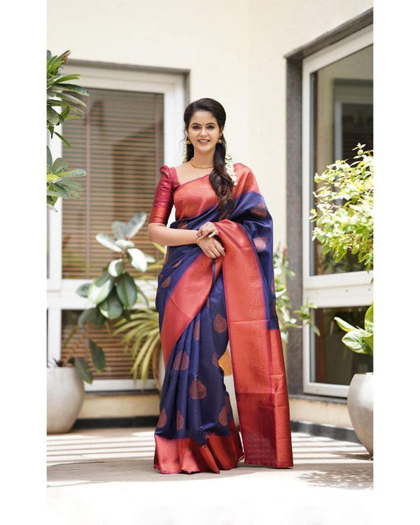 NOZ2TOZ Women Banarasi Silk Woven Saree With Blouse Piece - Navy Blue - Distacart
