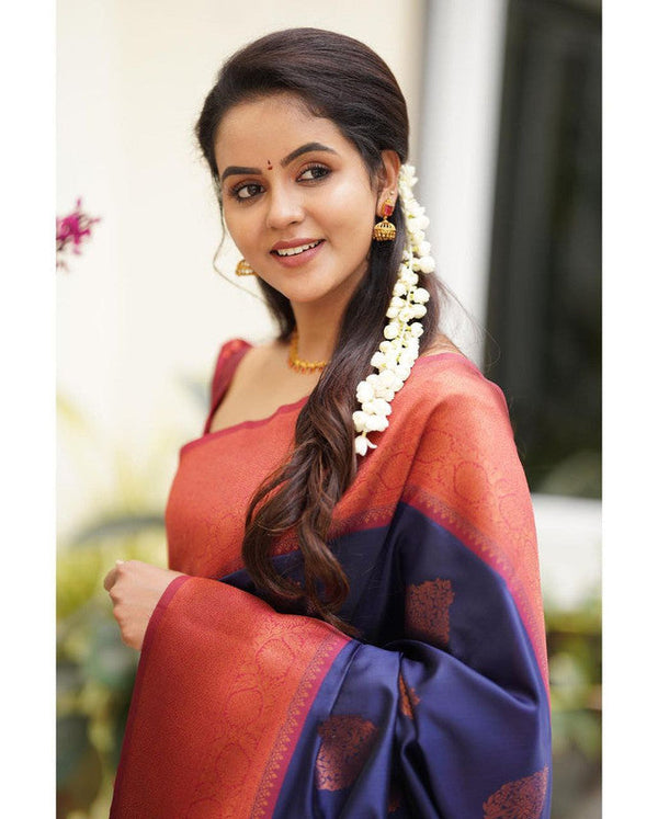 NOZ2TOZ Women Banarasi Silk Woven Saree With Blouse Piece - Navy Blue - Distacart
