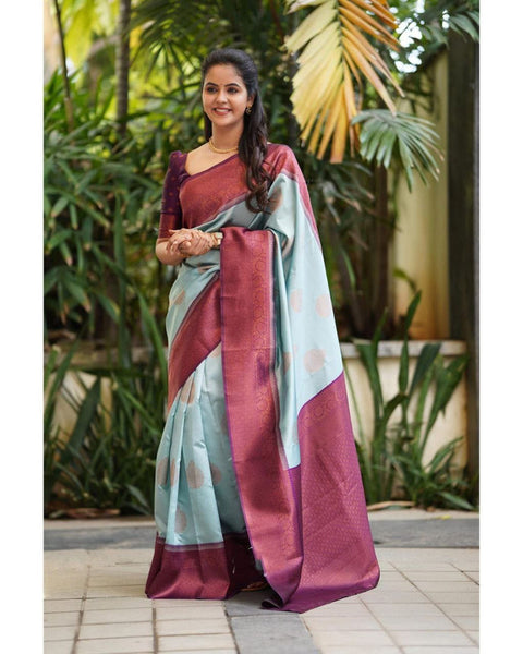 Malishka Banarasi Silk Woven Saree With Blouse Piece - Sea Green - Distacart
