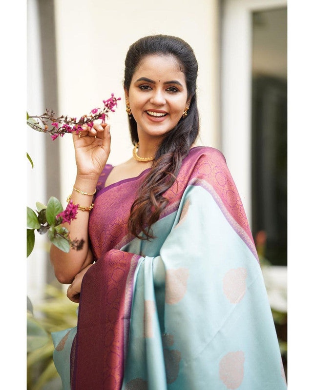 Malishka Banarasi Silk Woven Saree With Blouse Piece - Sea Green - Distacart