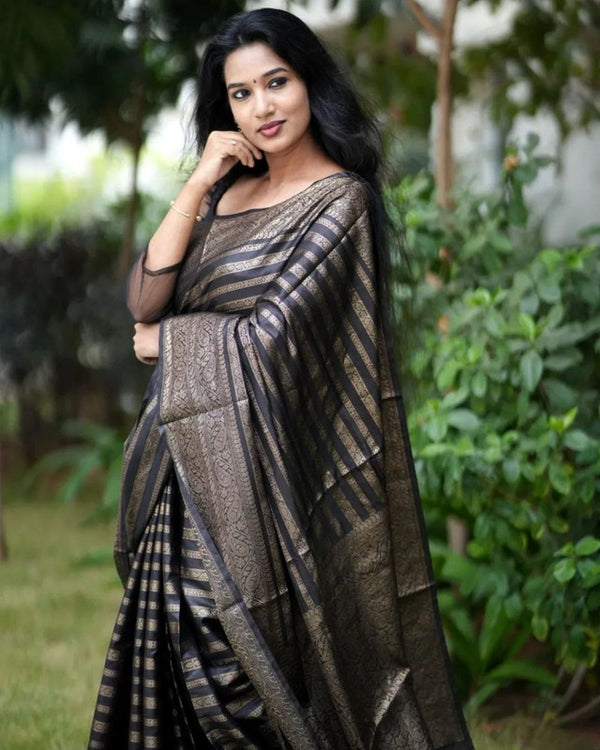 Malishka Banarasi Silk Woven Saree With Blouse Piece - Black
