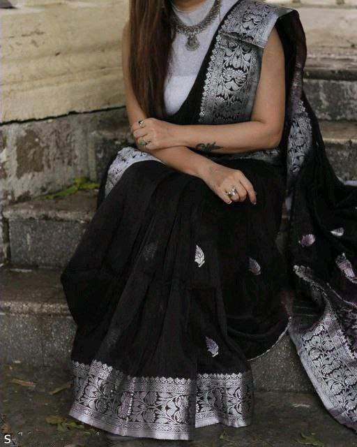 Malishka Banarasi Silk Woven Saree With Blouse Piece - Black - Distacart