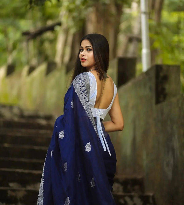 Malishka Banarasi Silk Woven Saree With Blouse Piece - Blue - Distacart