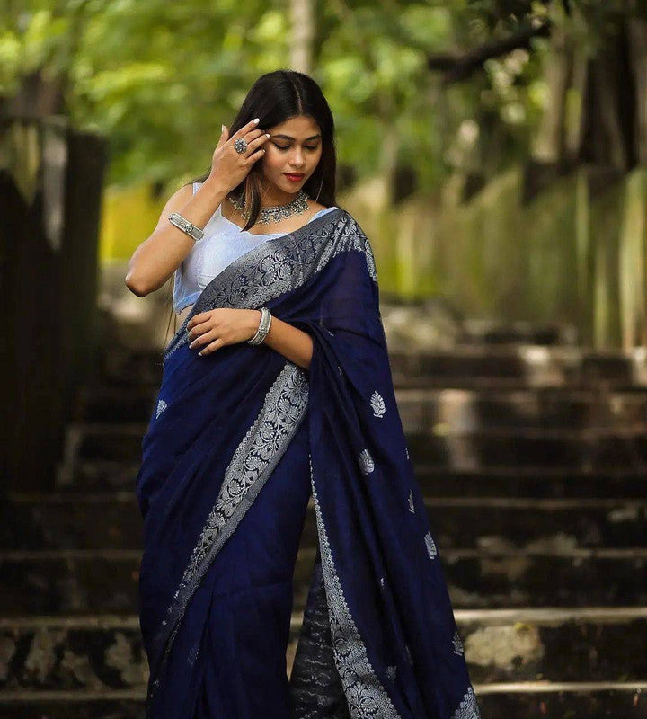 Malishka Banarasi Silk Woven Saree With Blouse Piece - Blue - Distacart