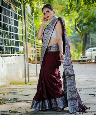 Malishka Banarasi Silk Woven Saree With Blouse Piece - Maroon - Distacart