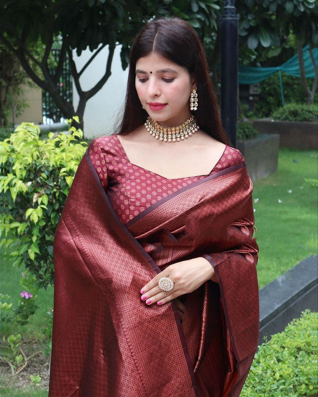 NOZ2TOZ Women Banarasi Silk Woven Saree With Blouse Piece - Maroon - Distacart