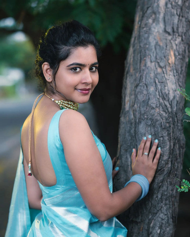 NOZ2TOZ Women Banarasi Silk Woven Saree With Blouse Piece - Sky Blue - Distacart